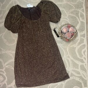 NWT🌷BCBG MAX AXZRIA🌷Brown gold metallic nylon lurex short sv scoop neck dress